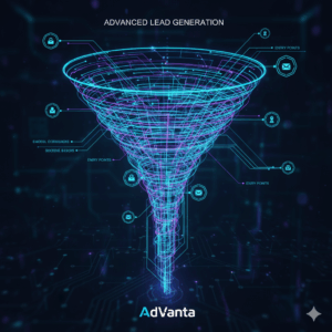A digital graphic illustrating a complex marketing funnel, symbolizing Advanced Lead Generation Tactics, with multiple data points, glowing lines.