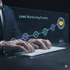 A person's hands typing on a glowing virtual keyboard, with a holographic "Lead Nurturing Funnel" diagram overlaid, illustrating stages of engagement, evaluation, and high-intent conversion, representing Advanced Lead Generation Tactics.